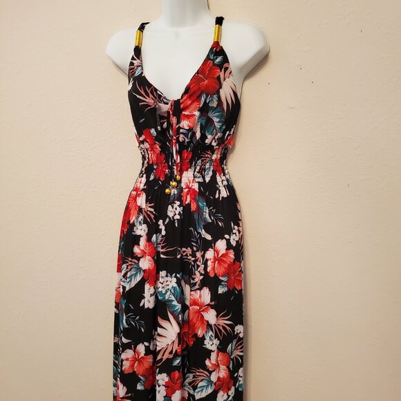 Women's Casual Sleeveless Smoked Floral Print maxi Dress Size L. - Picture 4 of 11